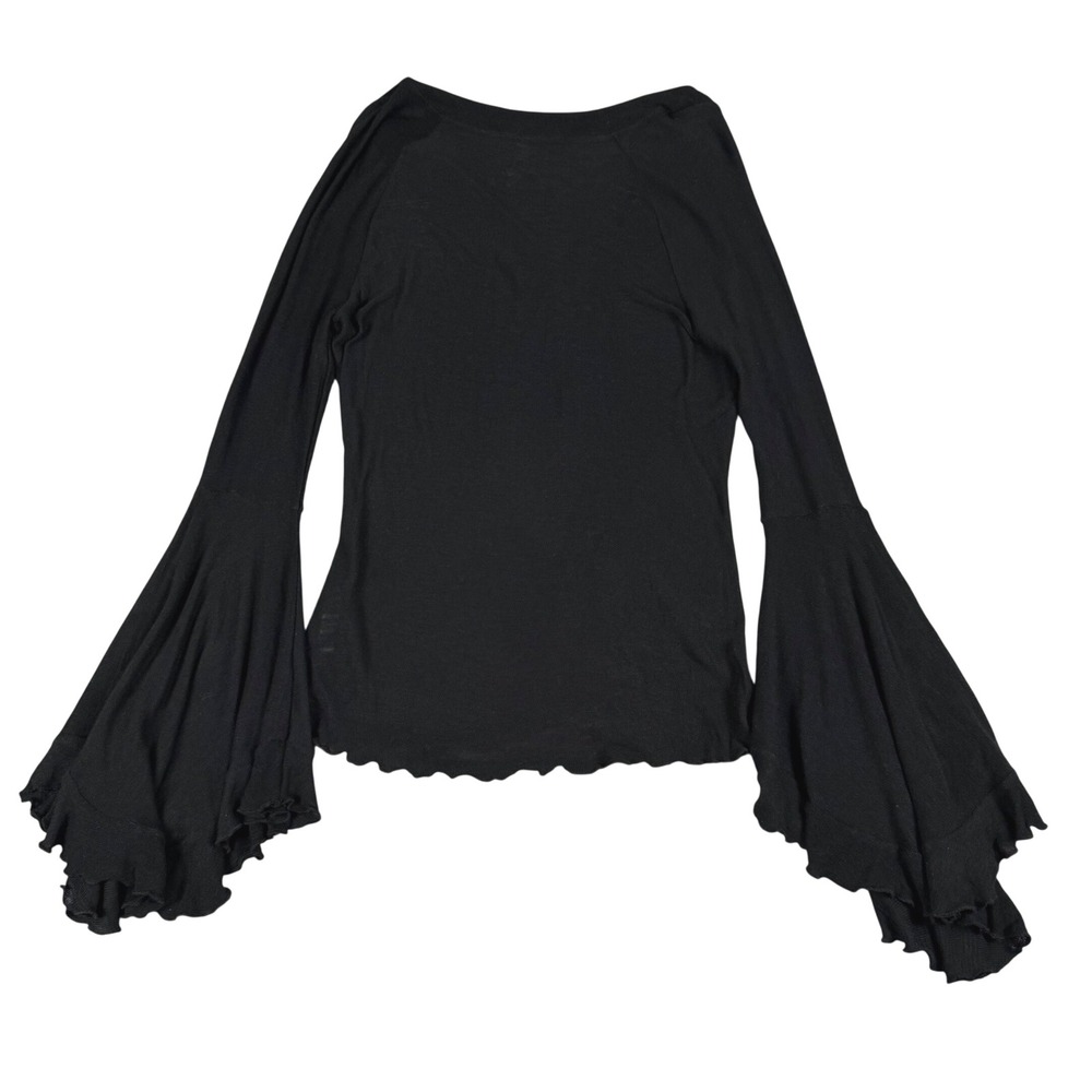 Free People Intimately Black Bell Sleeve V Neck Top Size L Boho Ruffle Hem - Picture 3 of 10